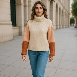 Simplee Small Color Block Chunky Knit Turtleneck Pullover Oversized Sweater S